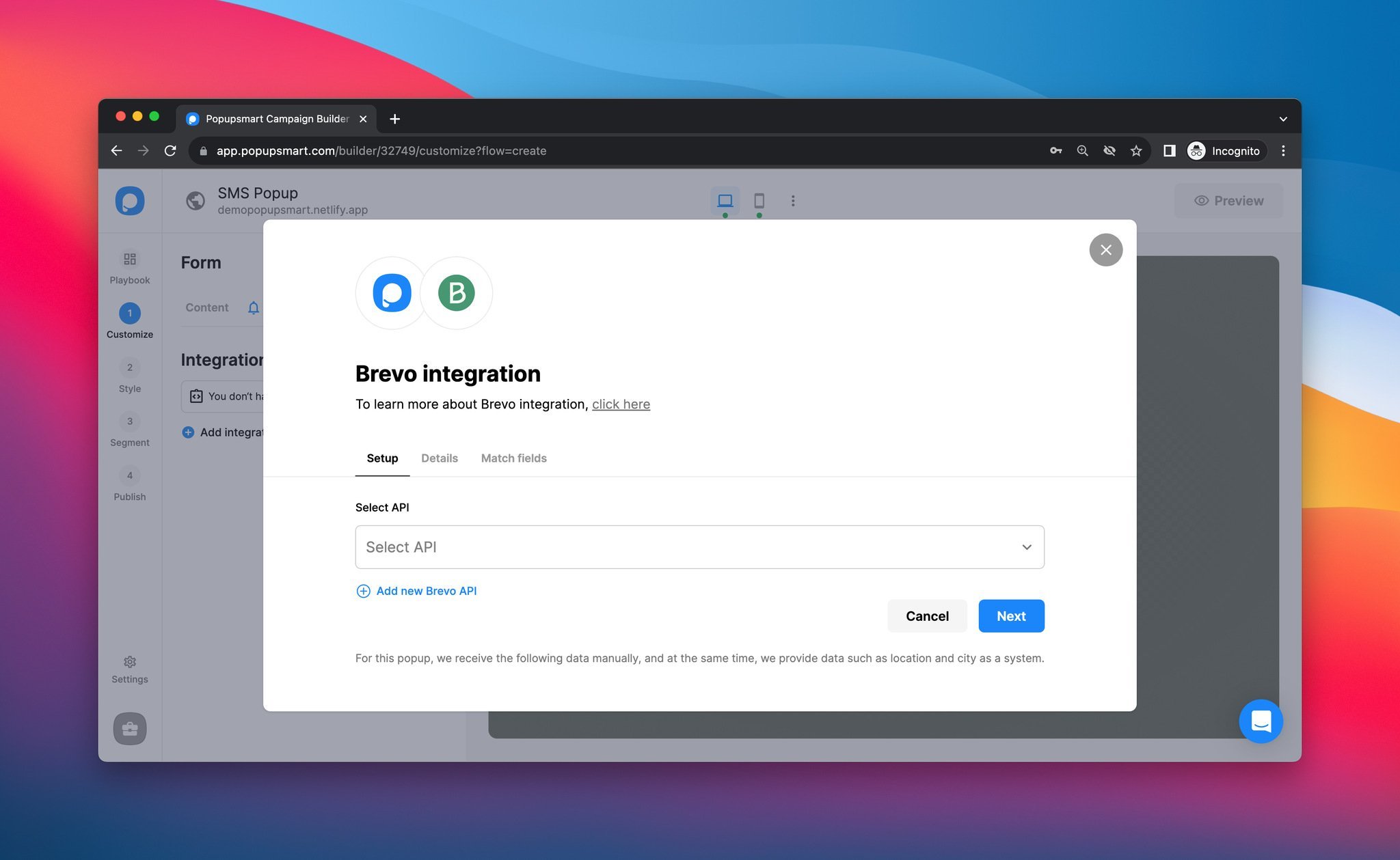selecting API to set Brevo integration on Popupsmart