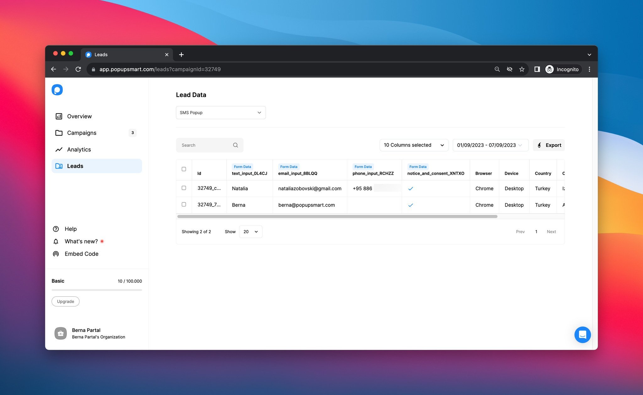 Popupsmart leads table with data