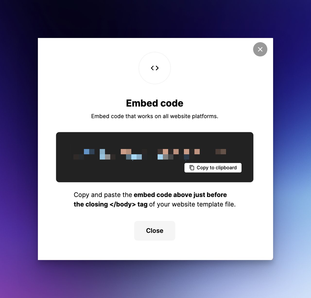 Popupsmart embed code screenshot that says "Copy and paste the embed code above just before the closing < /body > tag of your website template file."