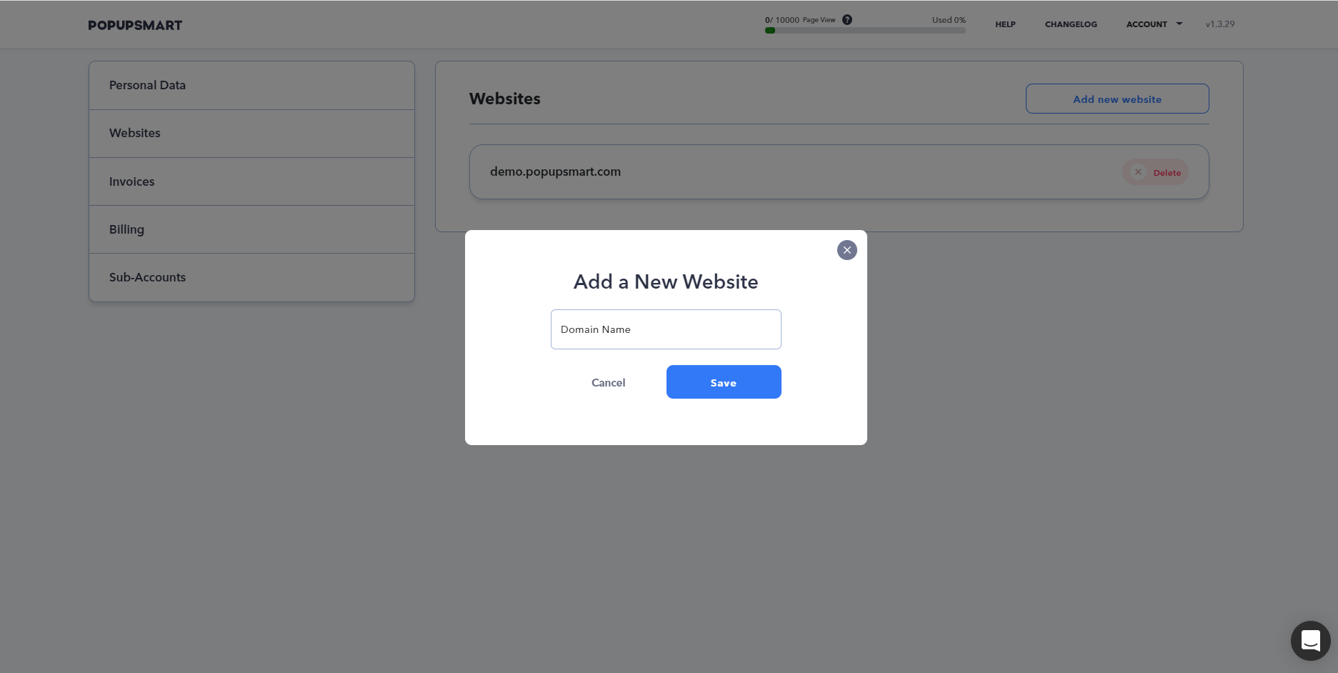 add new websites box on the popup builder