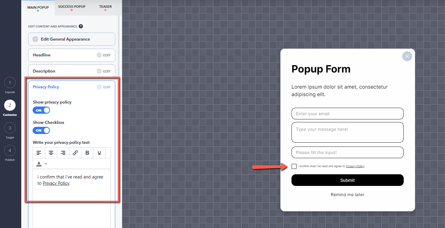 contact form popup privacy policy option