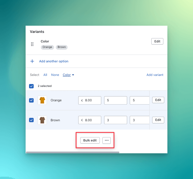 Bulk edit button on Shopify admin panel
