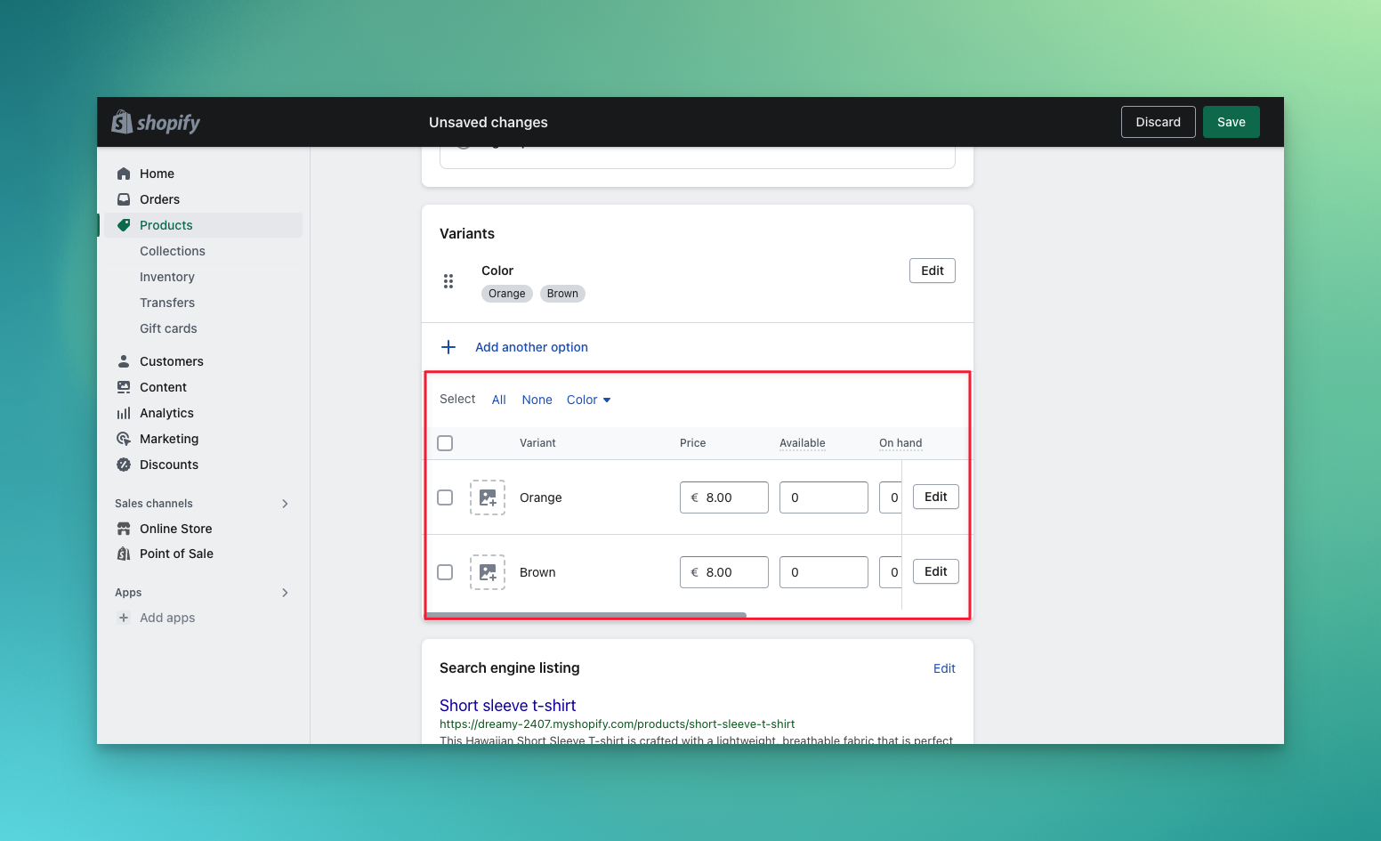 Step four in Shopify admin panel variants creation process