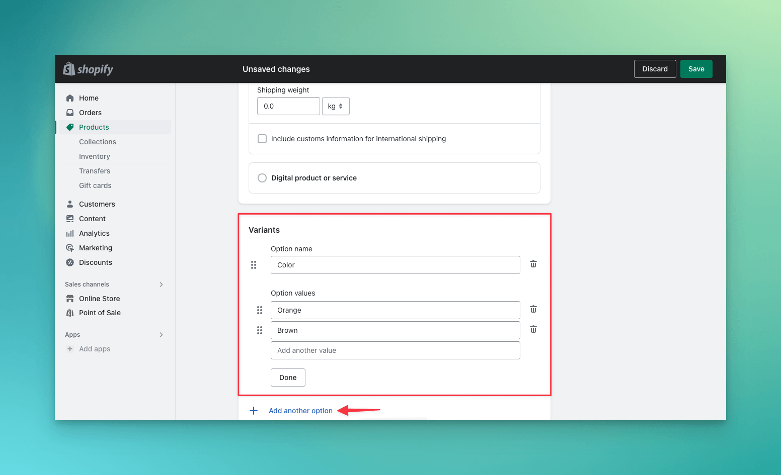 Step four in Shopify admin panel variants creation process