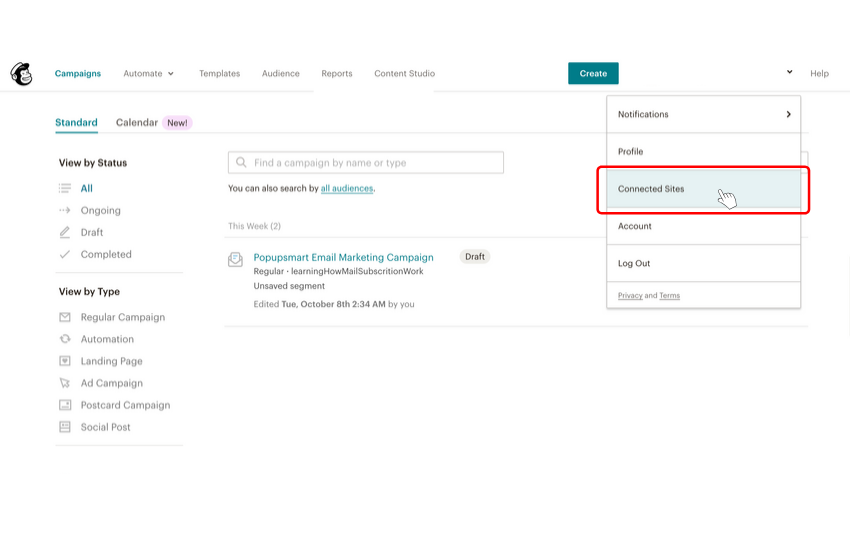 Mailchimp account how to go connected sites page