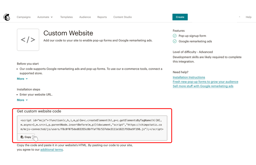 Copy the code on Mailchimp account