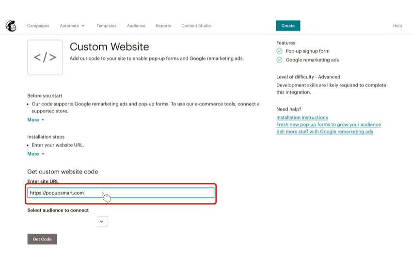 How to get website code on Mailchimp