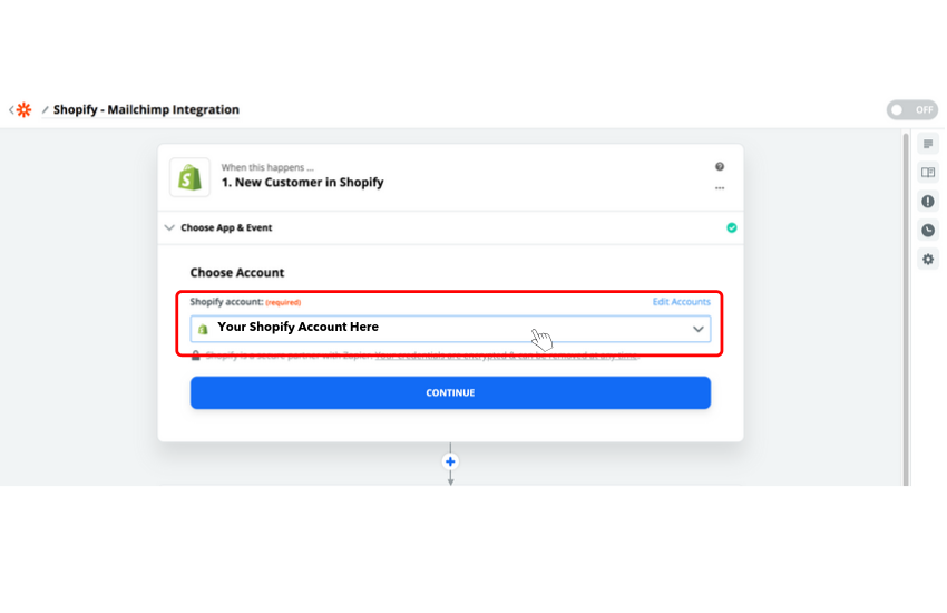 How to connect shopify account on Zapier is represented