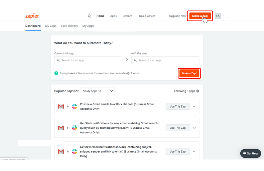Where is the make a zap button on Zapier