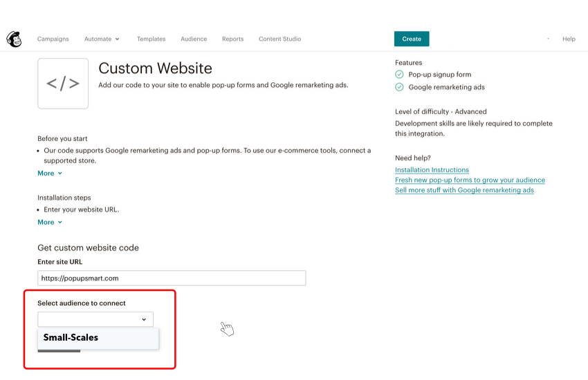 Select the audience for your email marketing campaign in Mailchimp