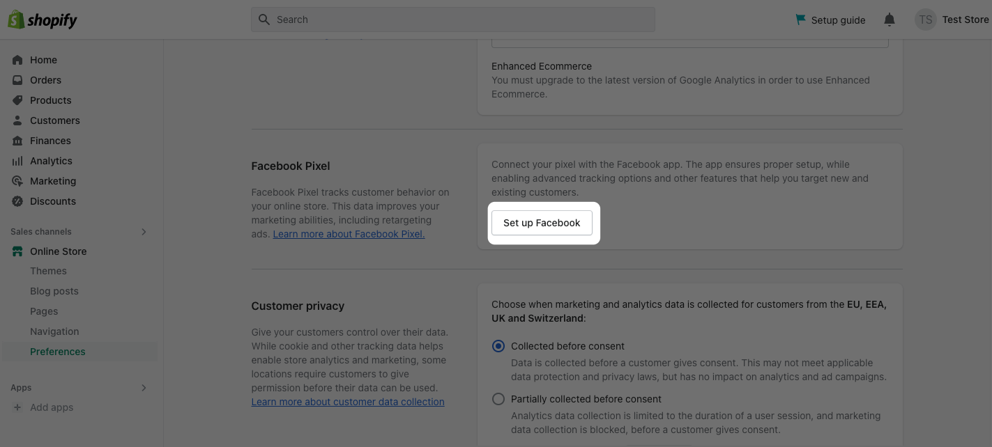 Shopify üzerinde Facebook piksel entegrasyonunu kurma ekran görüntüsü