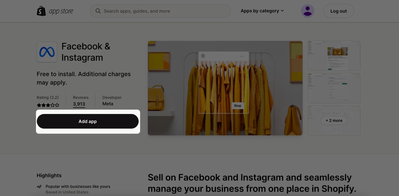 Shopify Uygulama Mağazasında Facebook piksel uygulaması ekran görüntüsü