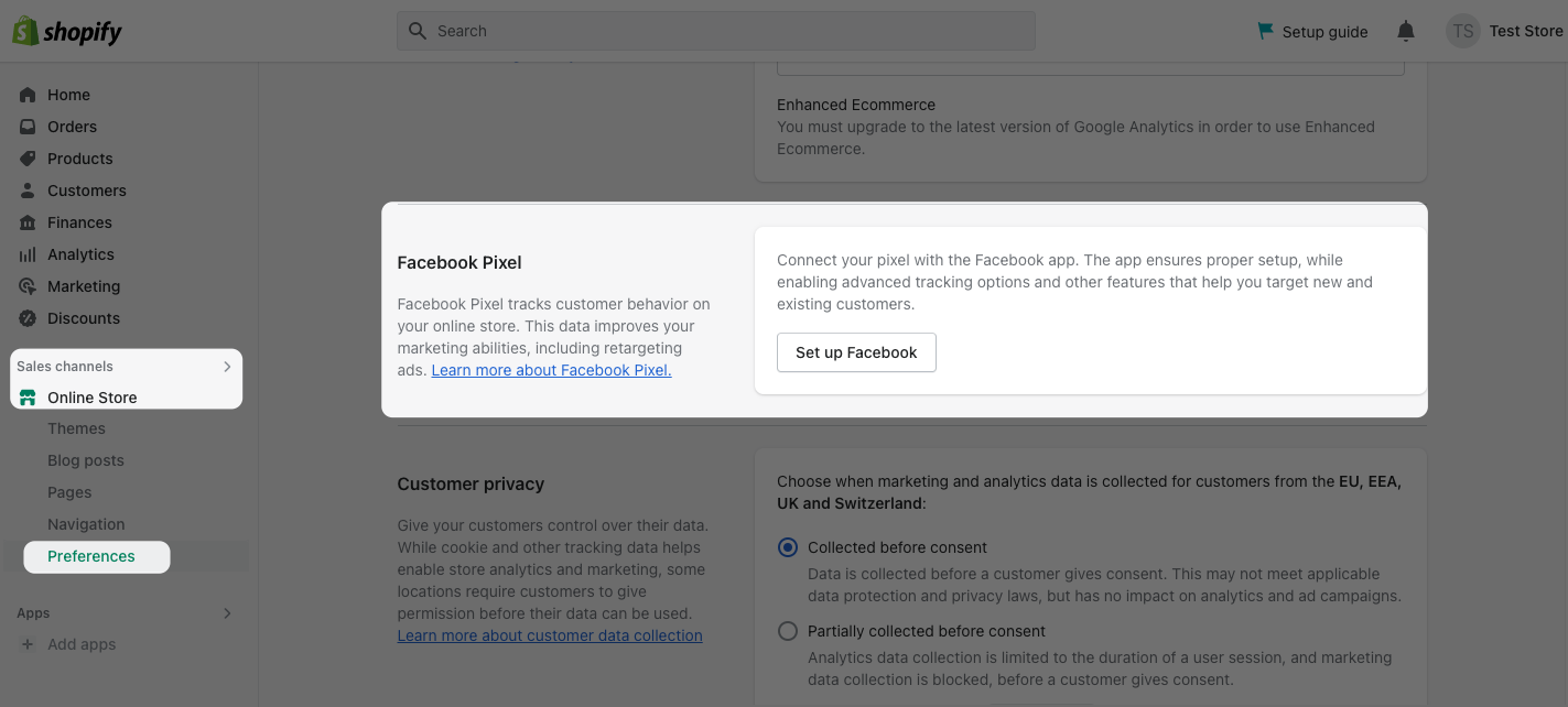 Shopify panelinde Facebook piksel bölümü ekran görüntüsü