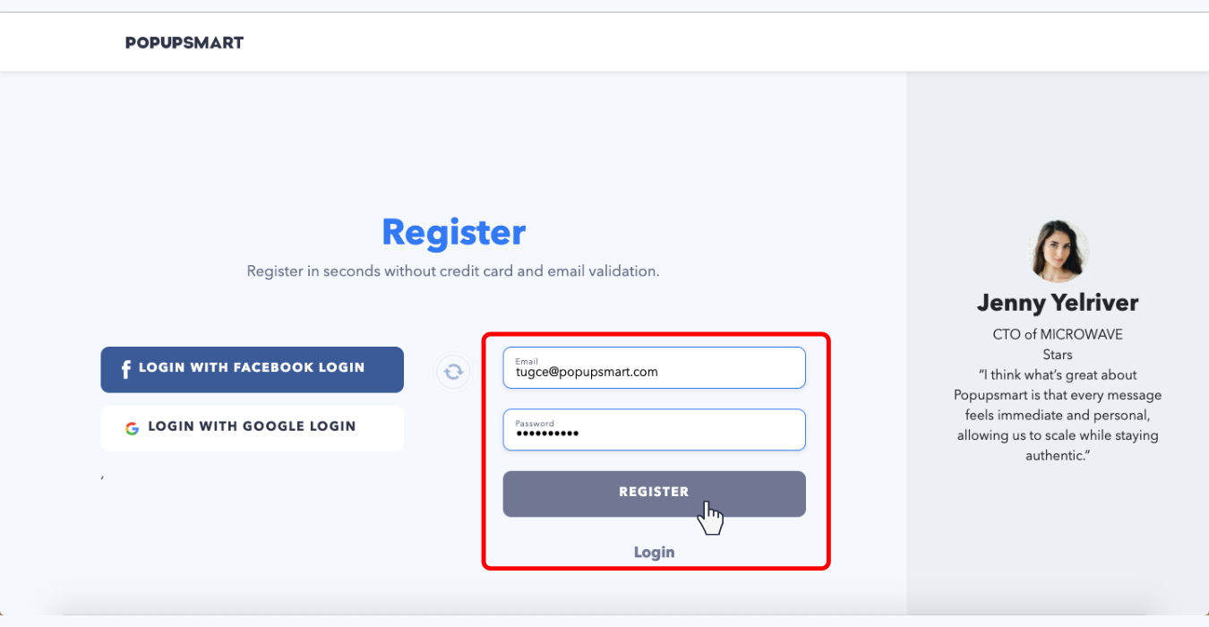 how to sign up for popupsmart