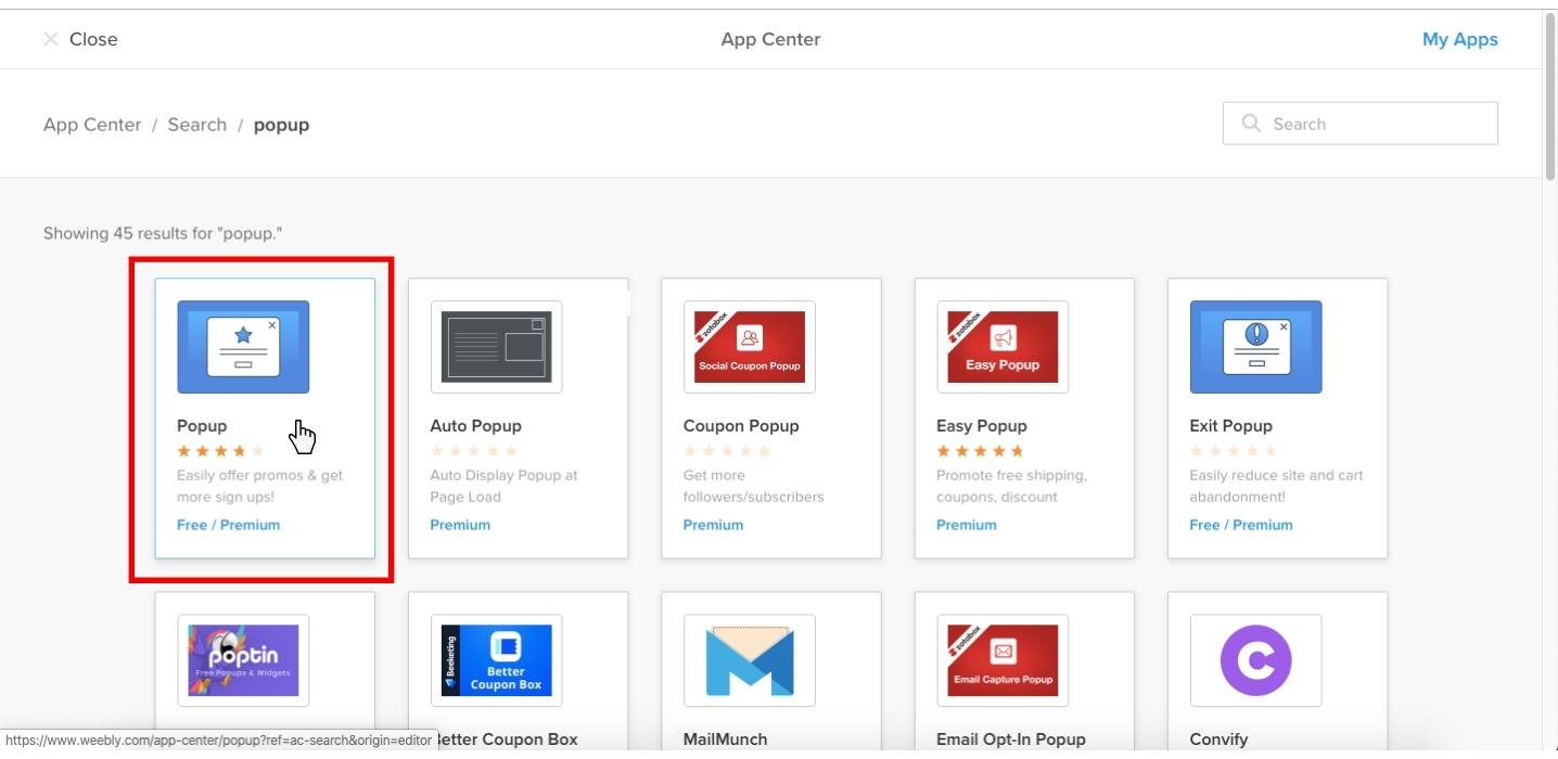 Select a popup app from Weebly apps and integrate it to the Weebly store admin account