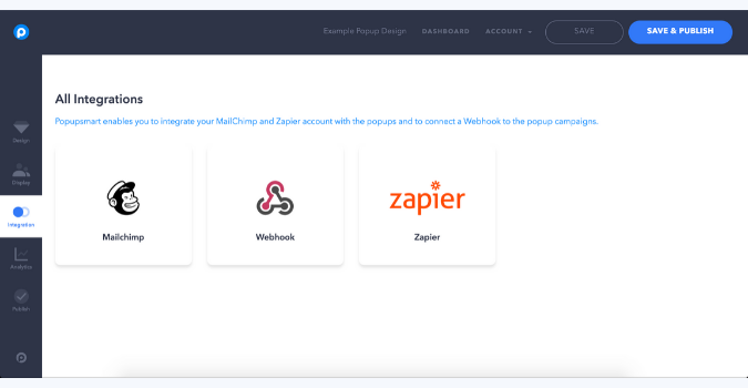 popupsmart entegrasyon seçenekleri zapier Mailchimp ve webhook bağlantısı