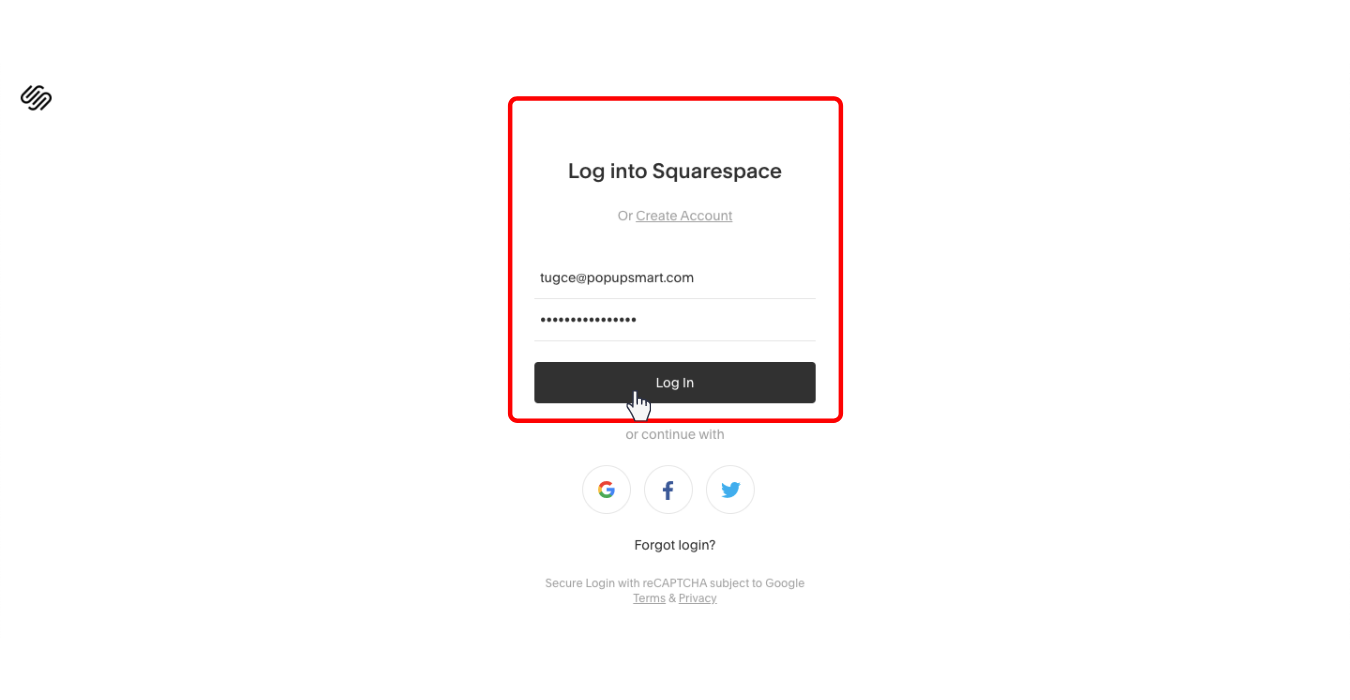 login your squarespace website admin panel