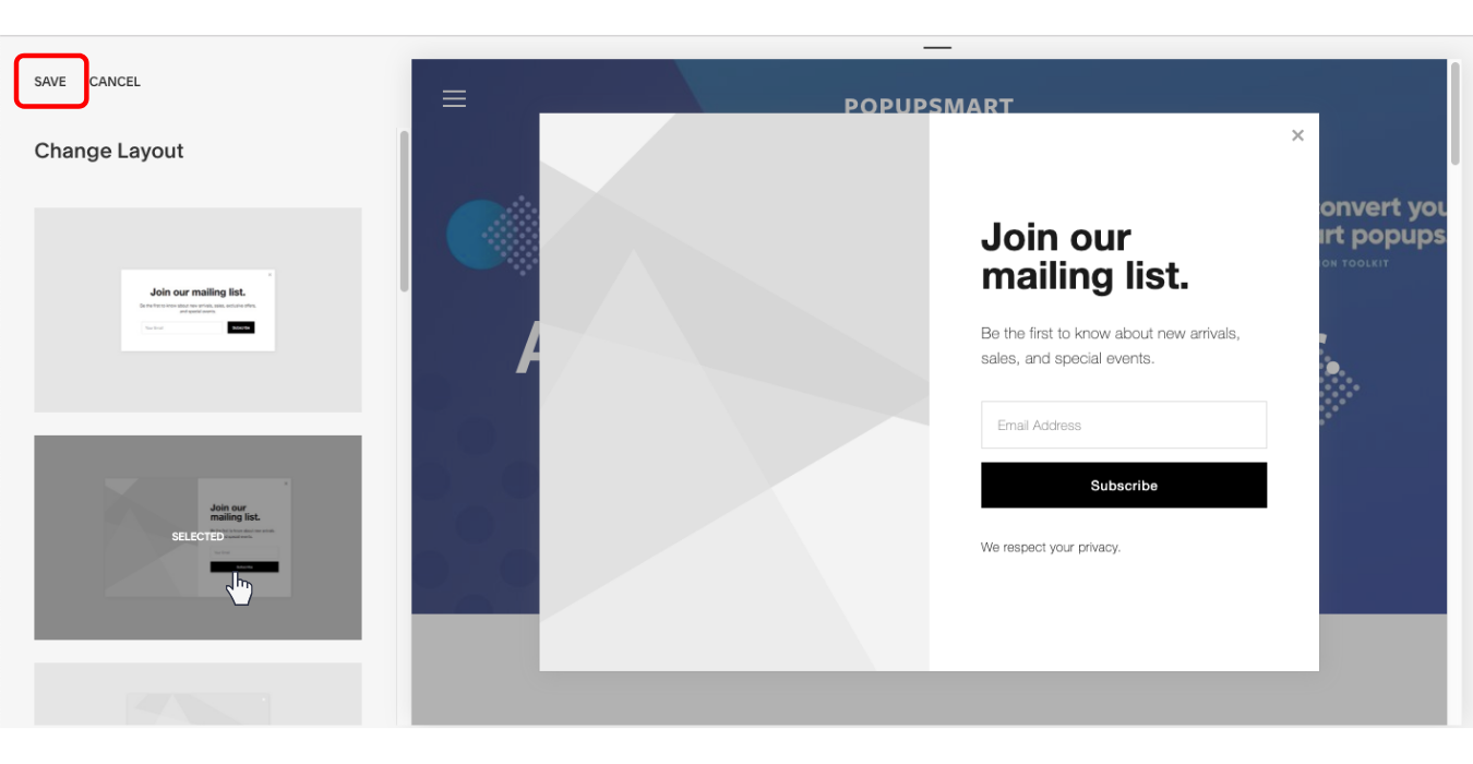 select a layout for your squarespace website popup