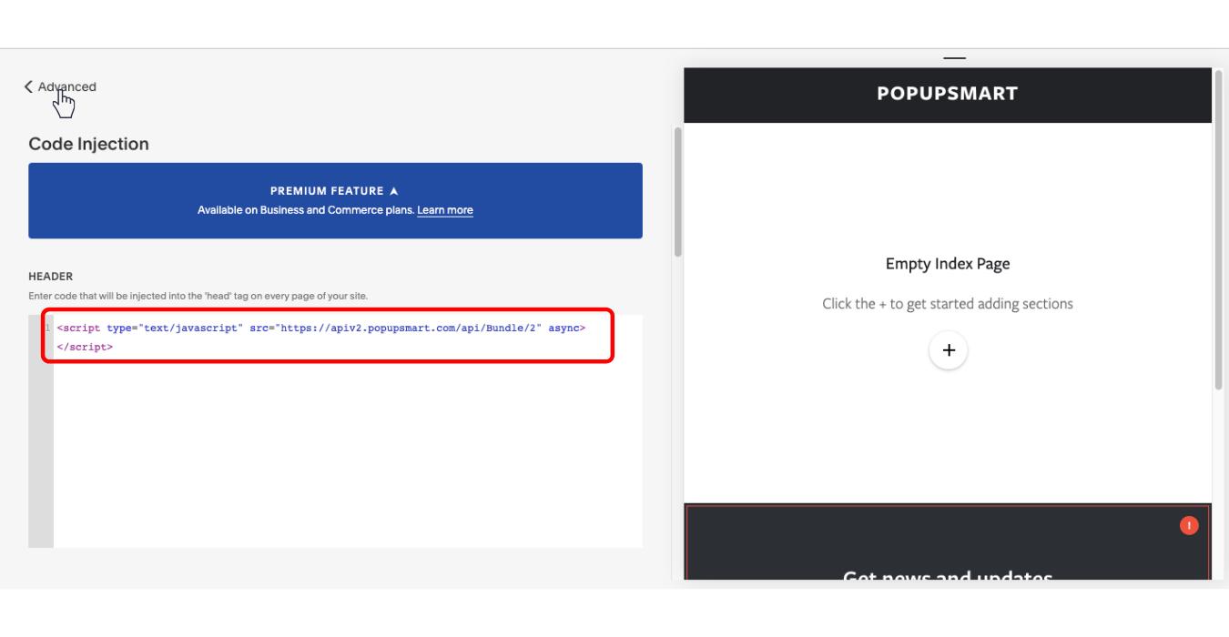 where you need to paste your popup code in your squarespace website