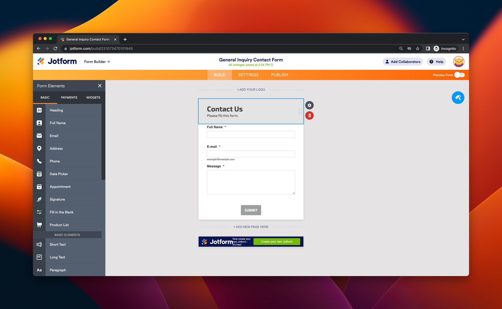 a screenshot of customizing contact form on Jotform