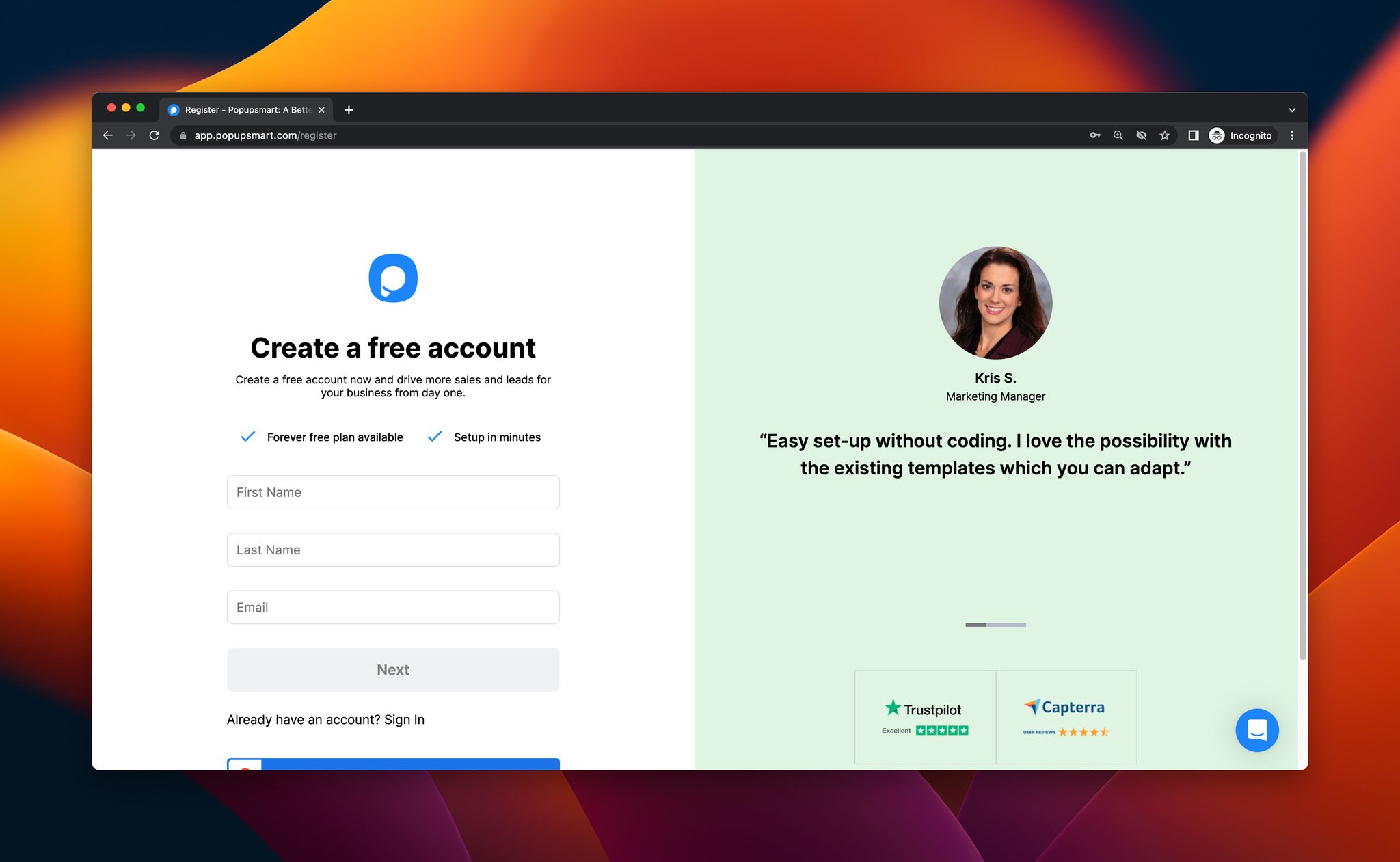 a screenshot of the page of creating a free Popupsmart account