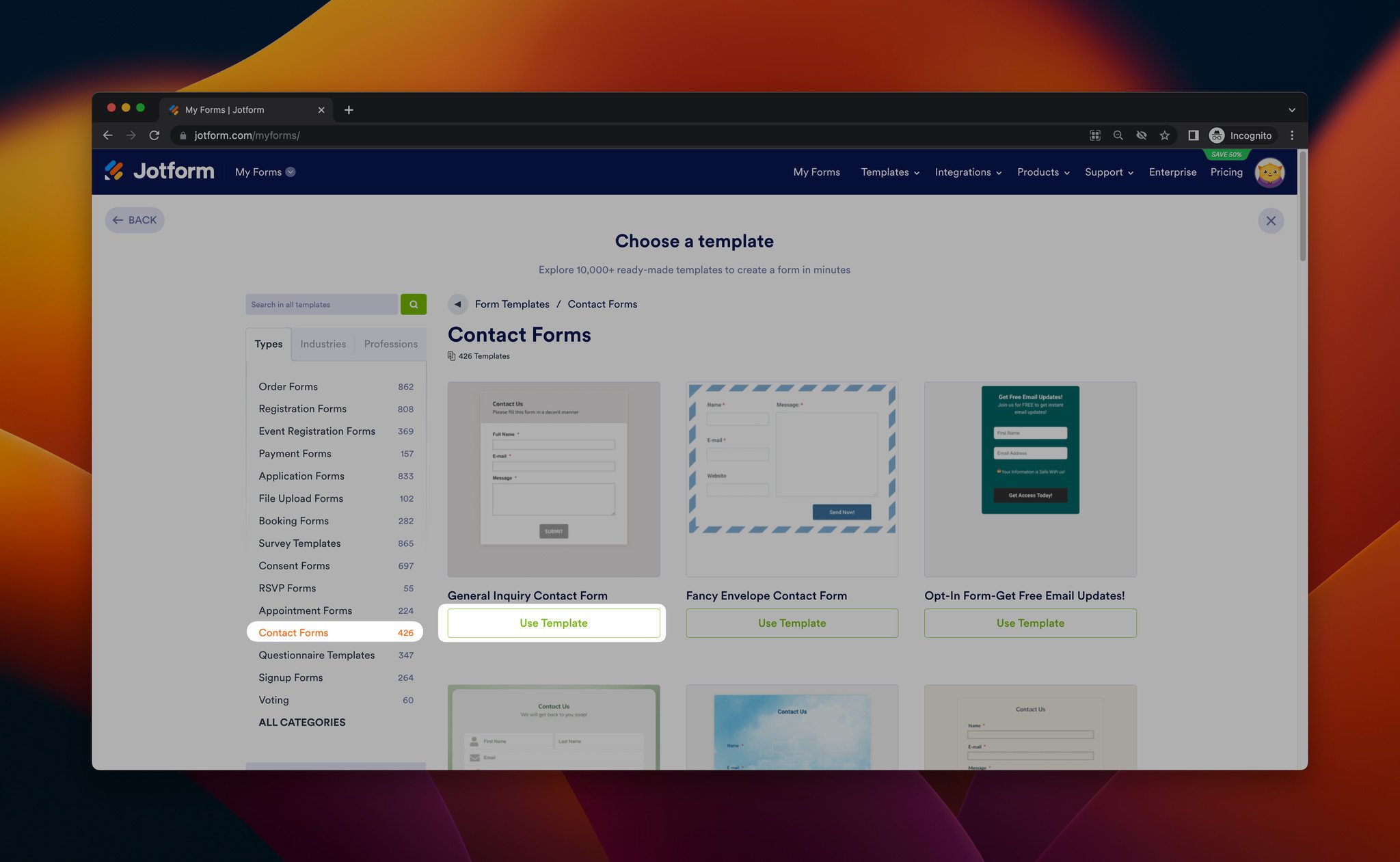 a screenshot of selecting a contact form template on Jotform