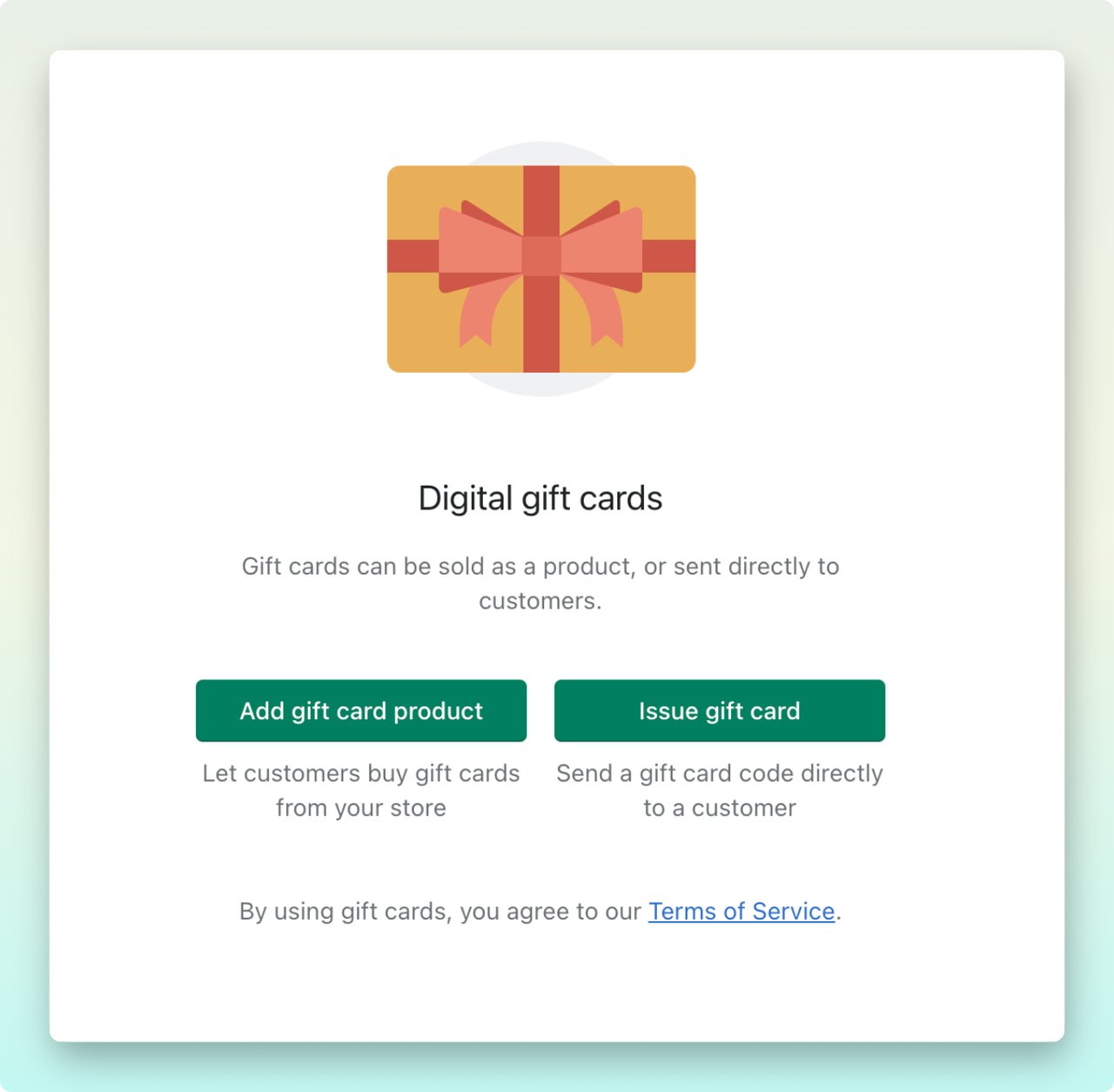 Shopify admin dashboar showing digital gift card page with ‘Add gift card product’ and ‘Issue gift card’ green CTA buttons