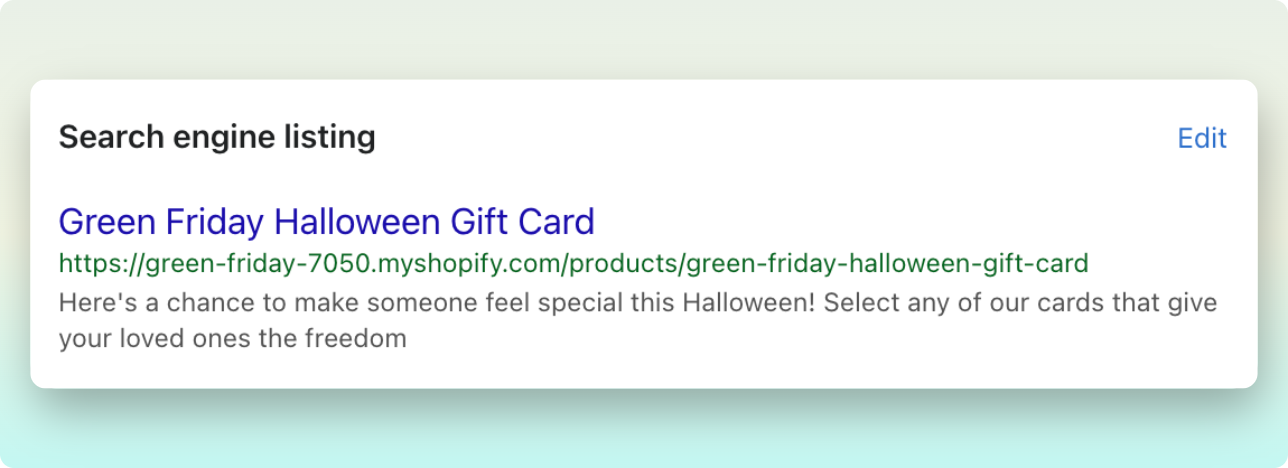 Shopify admin dashboar showing the search engine listing preview section on Shopify gift card creation page