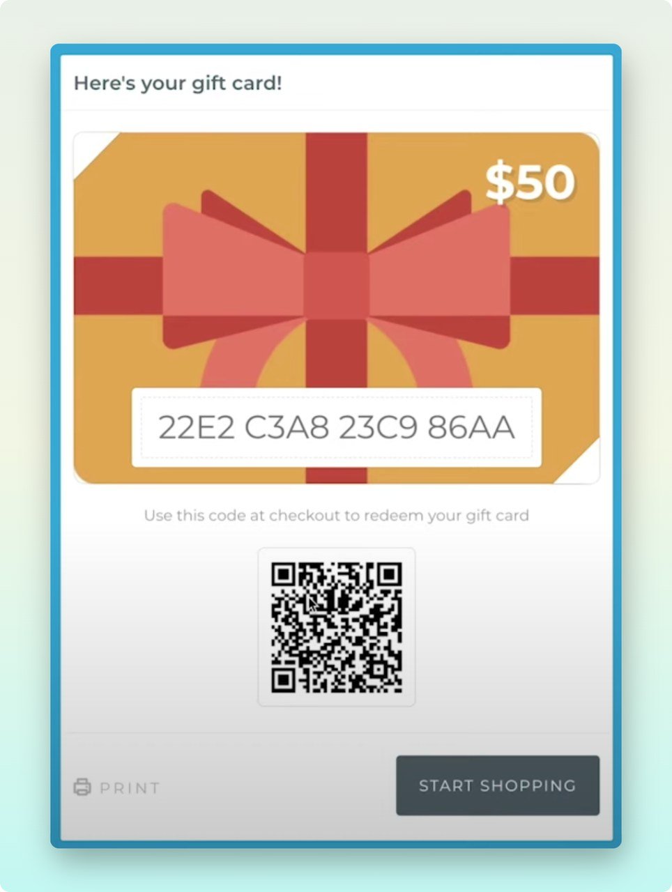 Shopify gift cards' default image example showing a unique code and a QR code