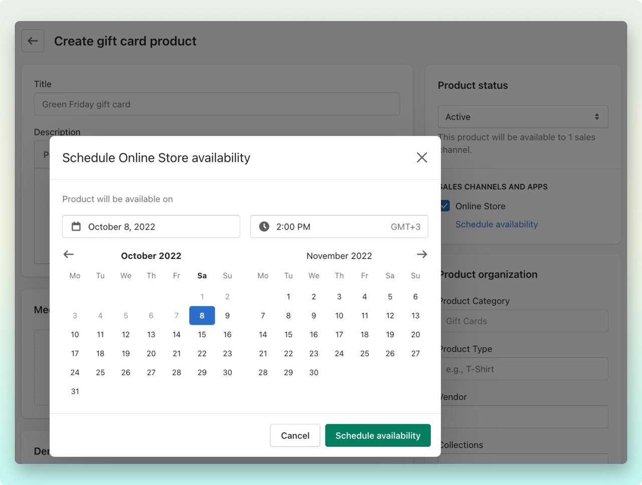a calendar to schedule online store availibility for gift cards on Shopify admin dashboar gift cards page