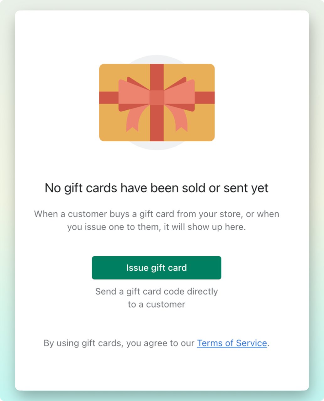 Shopify admin dashboar showing the gift card page to issue a gift card