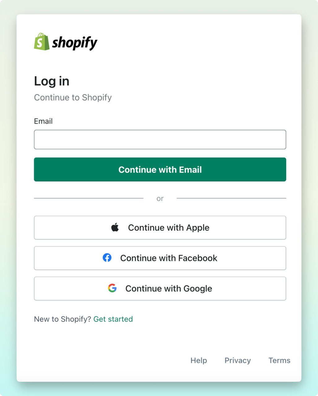 Shopify log in window showing different CTA buttons for logging in to the Shopify store via different platforms like Google, Apple and Facebook