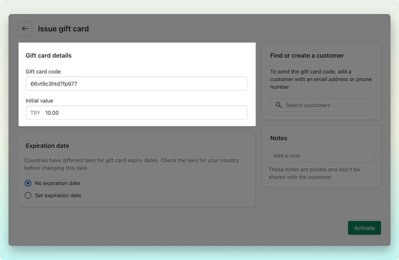 Shopify admin dashboar showing the page to issue a gift card with a unique gift card code and initial value box