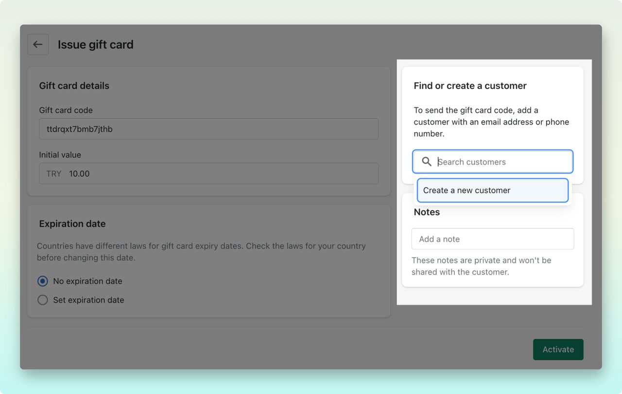 Shopify admin dashboar highlighting the "Find or create a new customer" section to issue the gift card