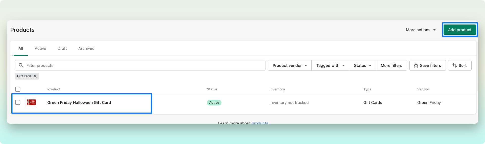 Shopify admin dashboar showing the existing Shopify gift cards