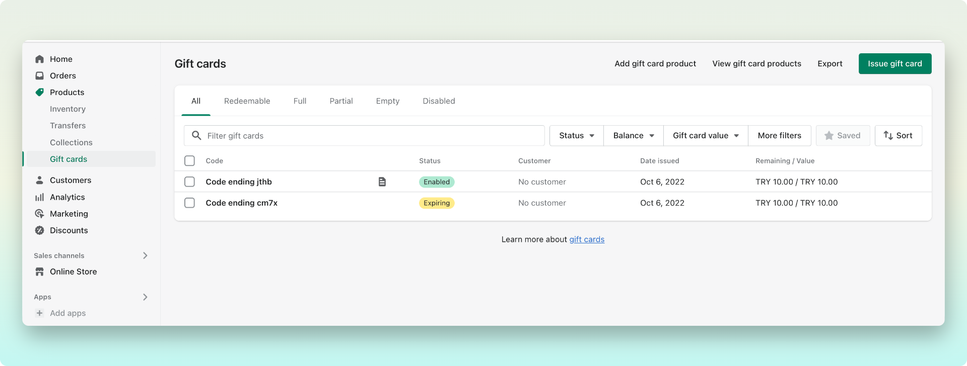 Shopify admin dashboar showing the issued gift cards