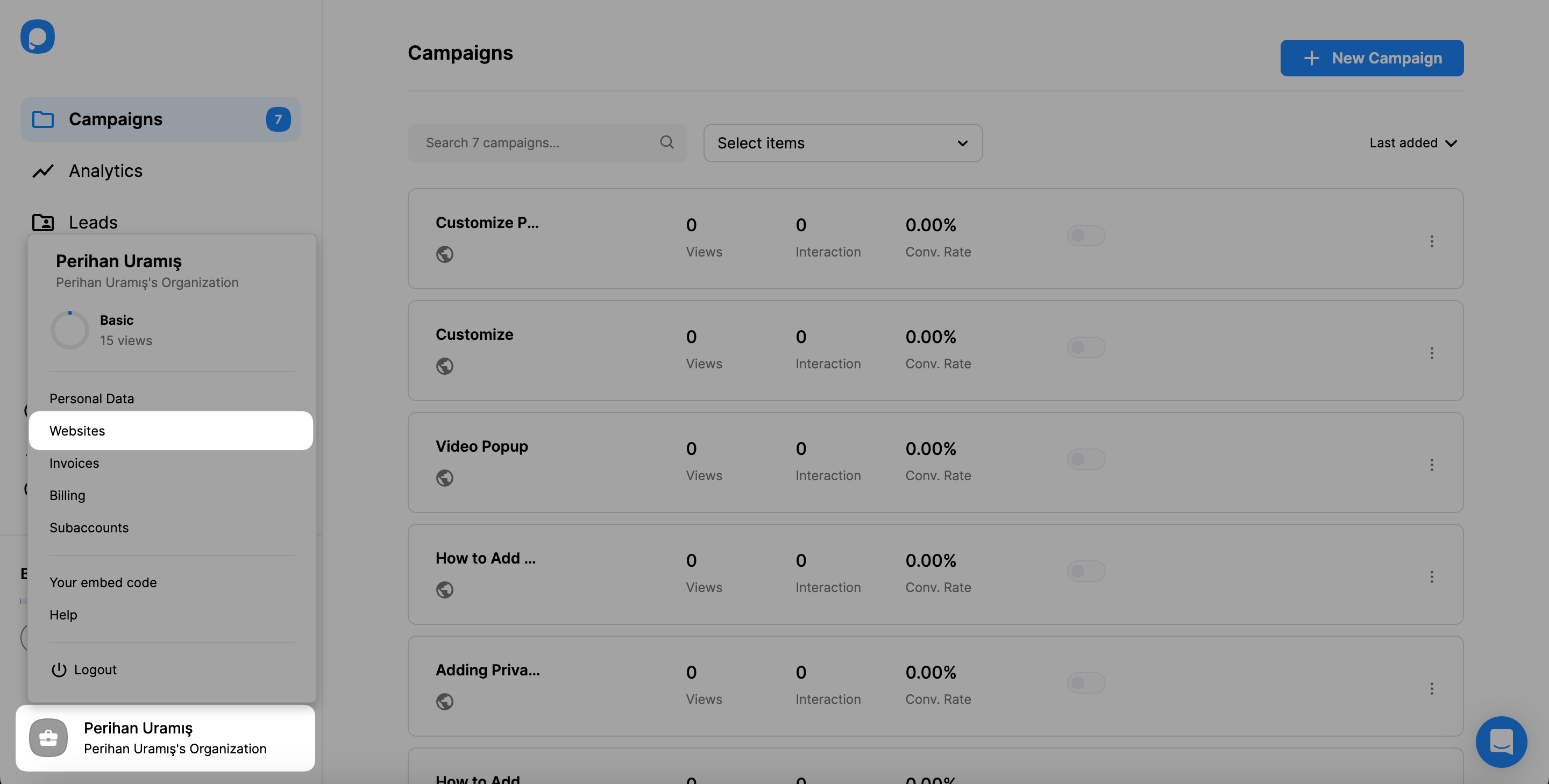 Popupsmart dashboard with Websites section highlighted