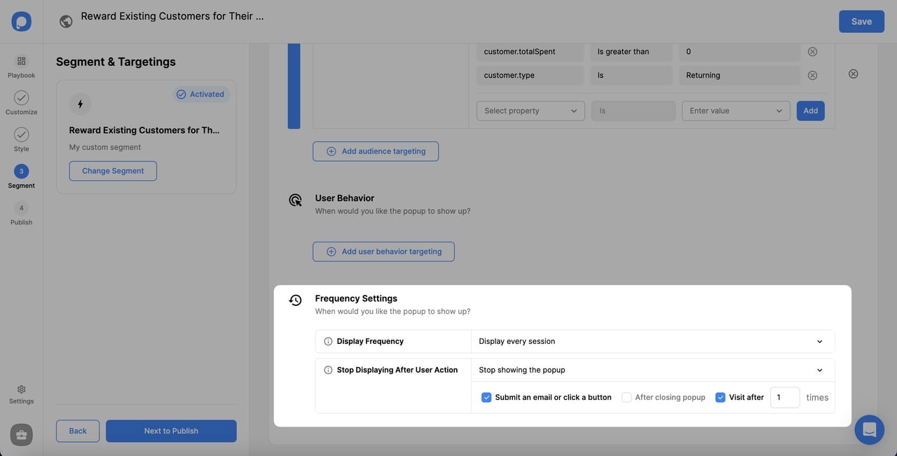 frequency settings for rewarding shopify campaign