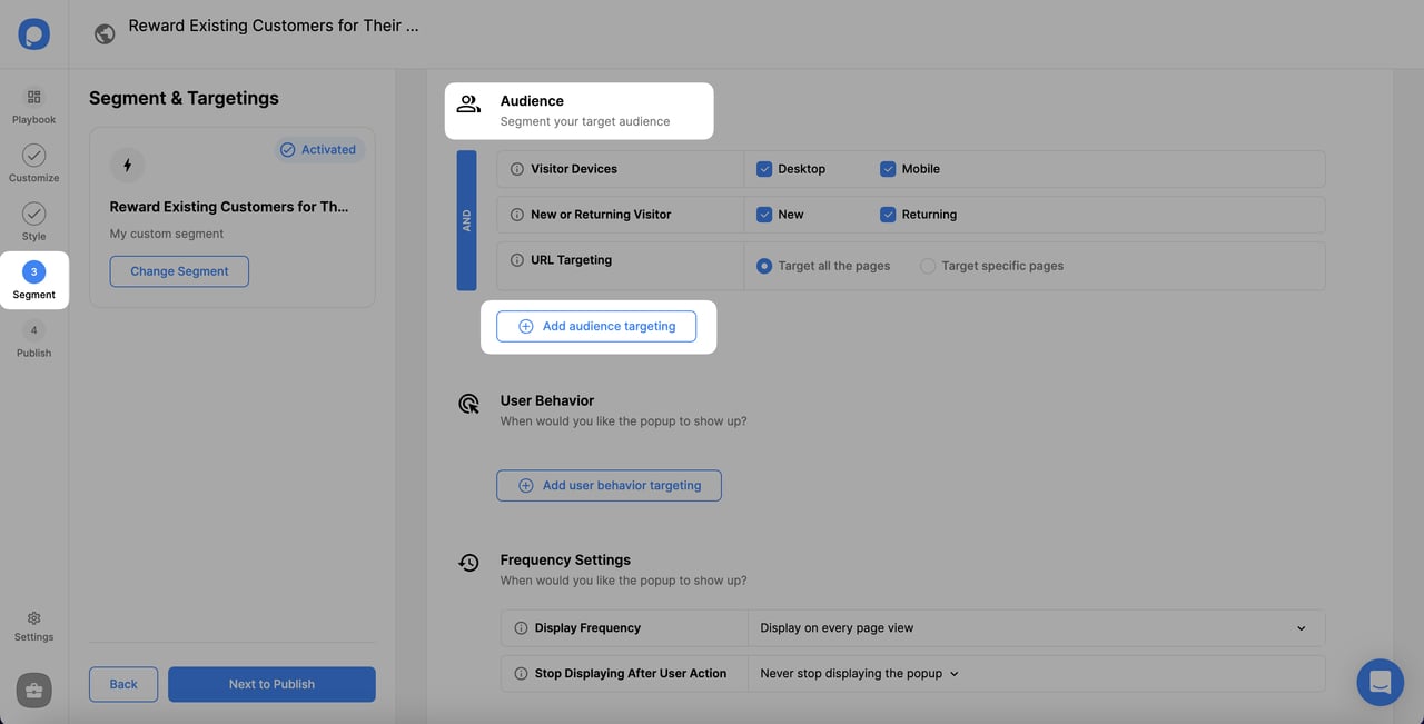 segment and choosing to add audience targeting for rewarding campaign