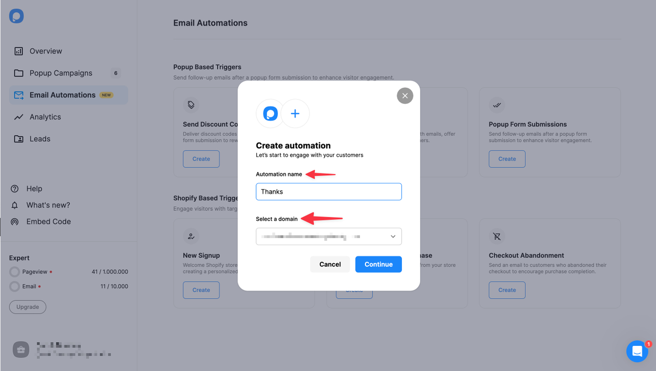 the modal for naming the email automation and choosing domain