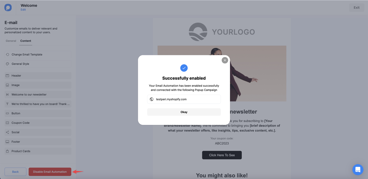 the modal to confirm the enabling email automation