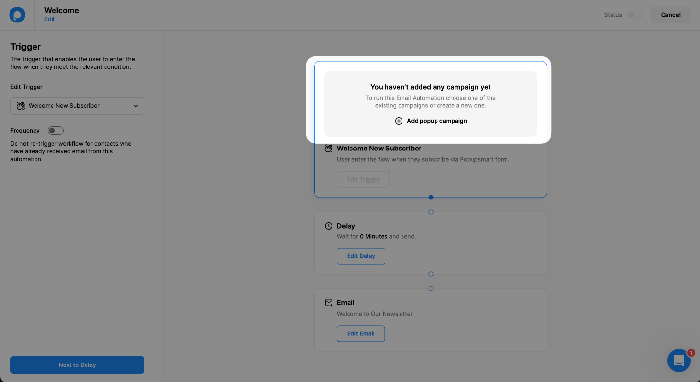 selecting a popup campaign for setting an email automation