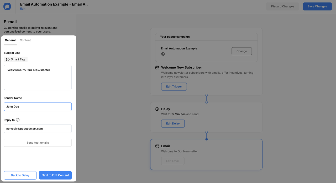 general settings of the email automation