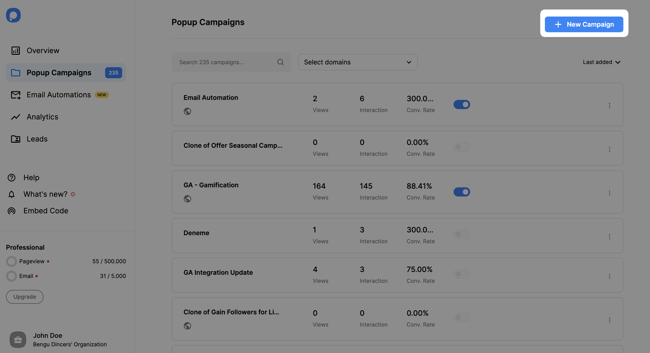 oluşturucuda yeni bir pop-up kampanyası oluşturma