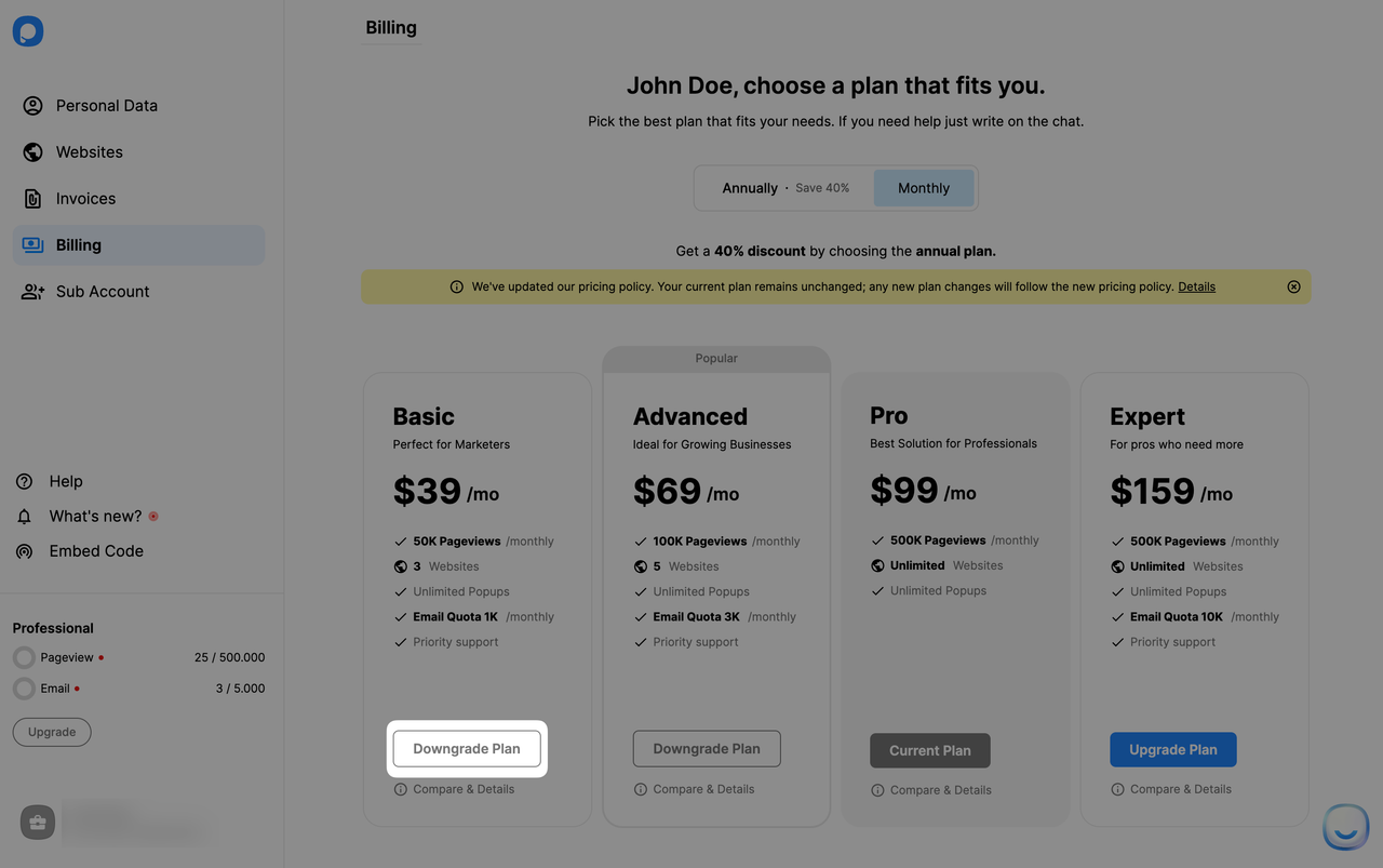 downgrading a pricing plan on the billing page