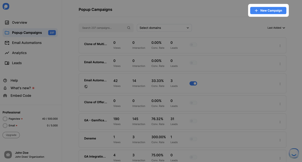 new campaign button on Popupsmart's dashboard