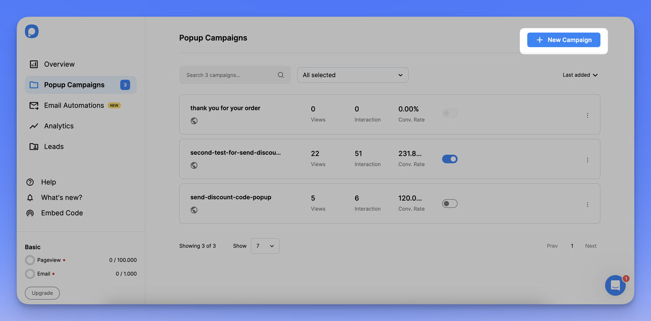 Create your new campaign to create popup on Popupsmart.