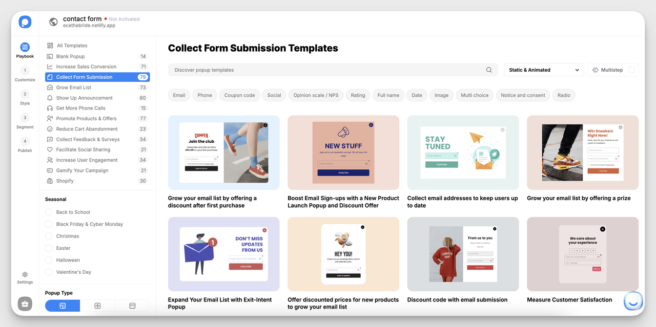 "Collect form submission" templates from Popupsmart's templates for different business purposes.