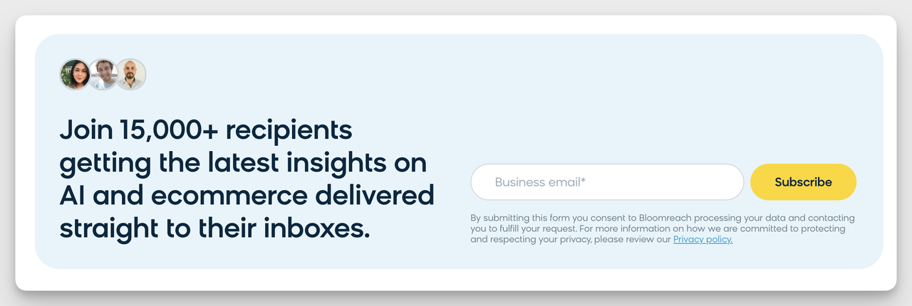 example of a newsletter contact form example from Bloomreach with a social proof