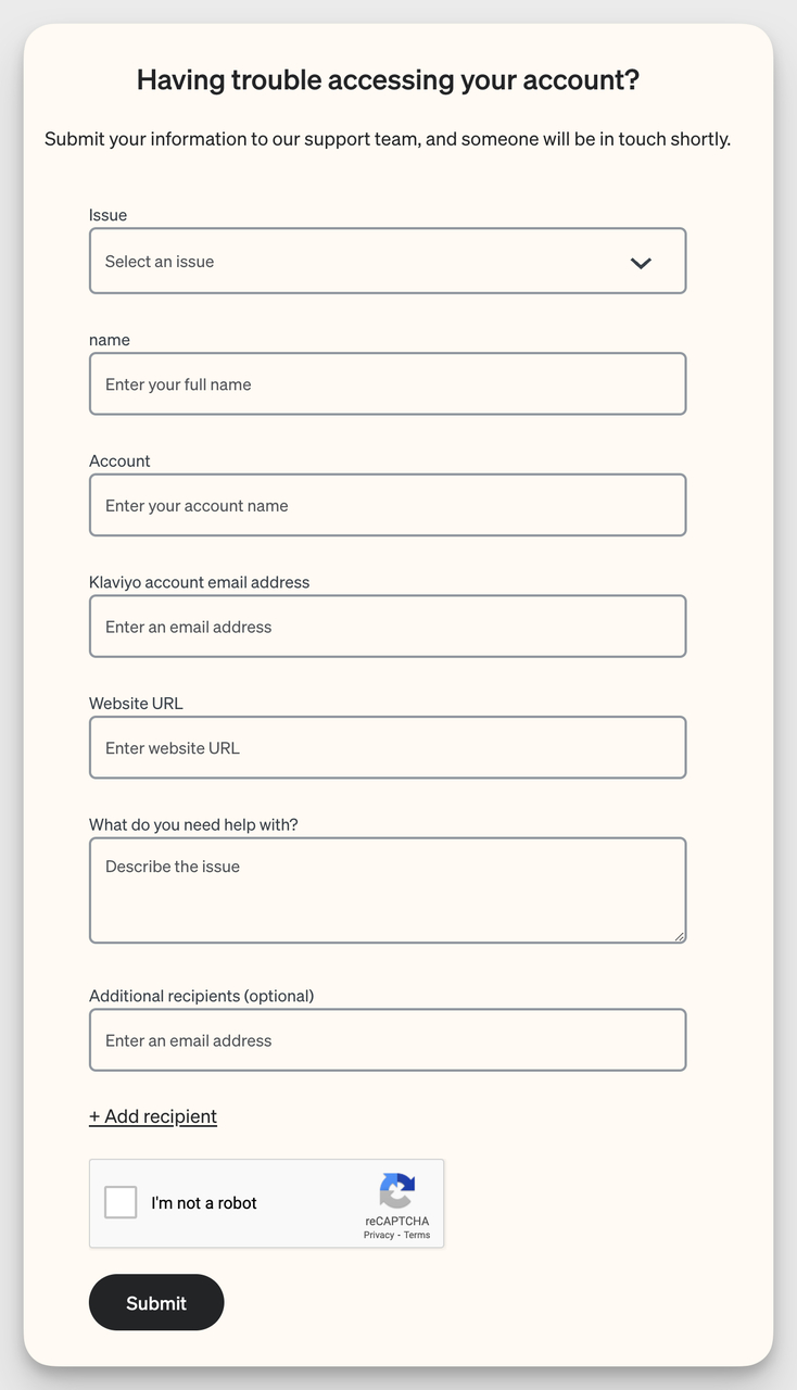 example of a support contact form example from Klaviyo